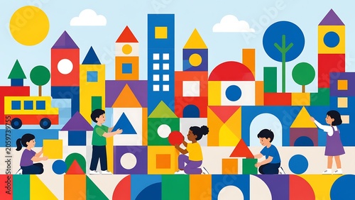 Colorful Geometric Playground City Educational Mural With Urban Learning Theme