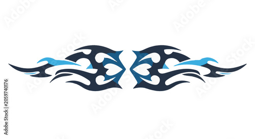 Symmetrical tribal flame decal illustration featuring dark navy and cyan blue curved abstract shapes. Horizontal graphic vector design isolated on white for automotive or body art styling.