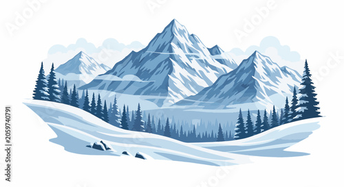 Vector illustration of a winter mountain landscape featuring snow-covered jagged peaks, a coniferous pine tree forest, and a white snowy foreground under a light blue cloudy sky.