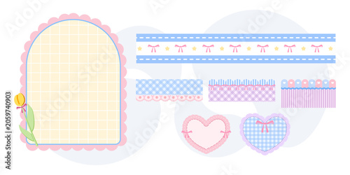 Cute Scrapbooking Elements Set with Hearts and Ribbon Decorations