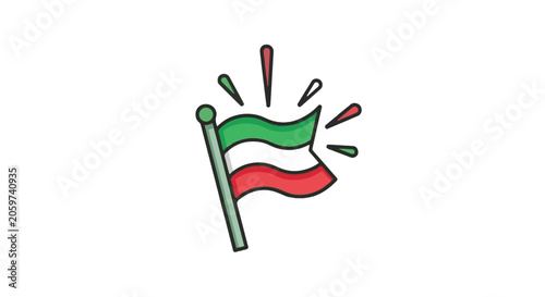Mexican flag illustration with green white and red stripes waving on a pole with colorful accent lines on a white background suitable for national holiday celebrations and sports events