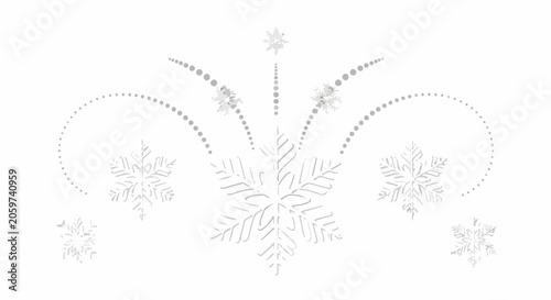 Minimalist winter vector illustration featuring a symmetrical arrangement of white and silver crystalline snowflakes with curved decorative dotted line patterns on a plain white background.