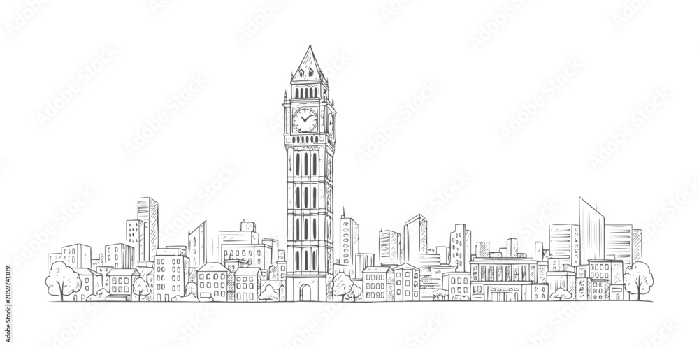 Fototapeta premium Hand drawn of a city skyline featuring Big Ben clock tower