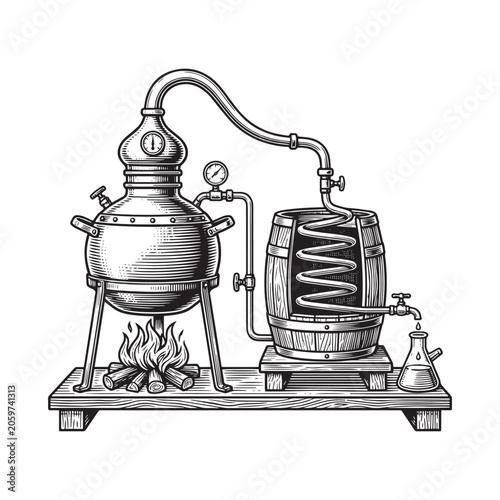 Tableau sur toile Vintage sketch drawing of an old copper moonshine still apparatus vector illustr