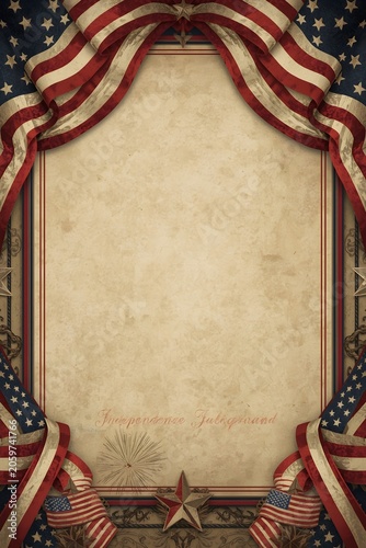 Vintage Classic Fourth of July Background with Aged American Flag Ribbon Frame