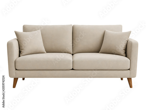 Beige couch with two cushions isolated on transparent background, modern furniture design