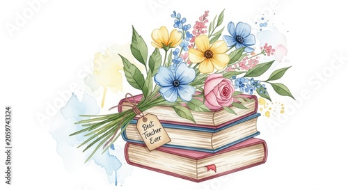 Watercolor illustration of a bouquet of flowers resting on a stack of books with a best teacher ever tag isolated on white background