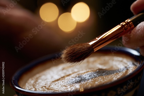 Applying cosmetics with makeup brush for beauty ritual