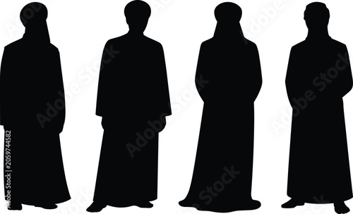Arab Men Silhouette Collection Featuring Traditional Middle Eastern Clothing, Cultural Human Figures, Islamic Attire, and Vector Illustration Set