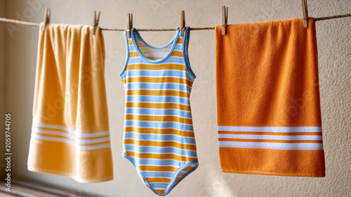 Striped swimsuit and orange towels hanging on clothesline indoors