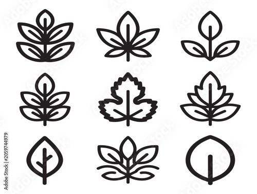 Minimalist Line Art Leaf Icons Set for Nature and Botanical Design Elements