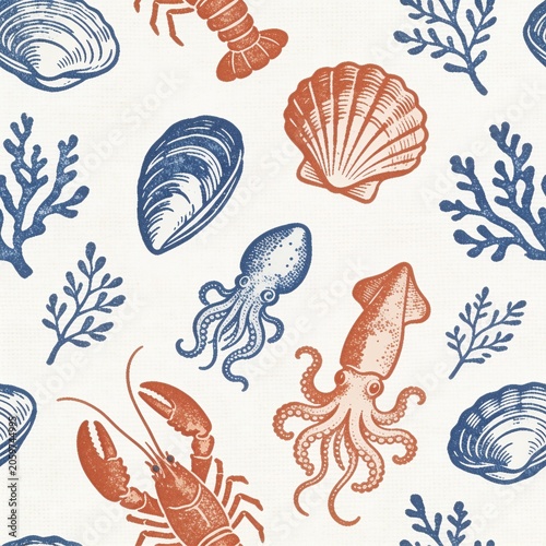 Vintage Marine Life Seamless Pattern with Hand Drawn Lobster, Squid, Octopus, Seashells and Coral in Blue and Coral Red Engraving Style
