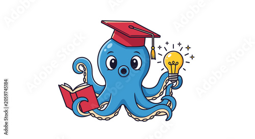 Smart blue octopus wearing graduation cap holding lightbulb.