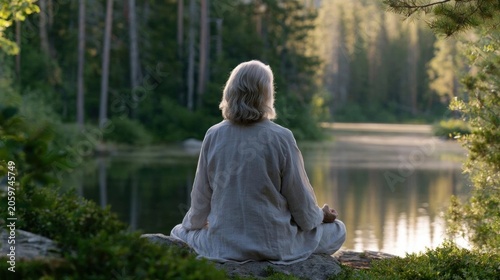 Elderly woman sitting on a rock by a lake. she is wearing a long-sleeved white robe and has long blonde hair. the woman is meditating with her hands resting on her knees and her eyes closed.