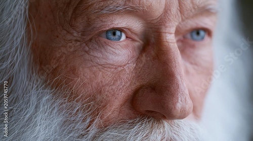 Close-up portrait of an elderly man's face. the man has white hair and a long white beard. his eyes are blue and his expression is serious.