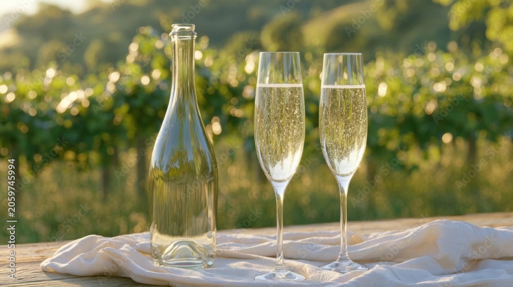 Fototapeta premium Wooden table with two glasses of champagne and a bottle of wine on it. the table is covered with a white cloth and the background is blurred, but it appears to be a vineyard with rows of grapevines.