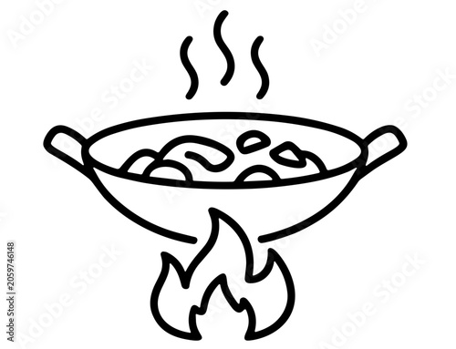 Asian wok cooking with hot fire flame line icon vector
