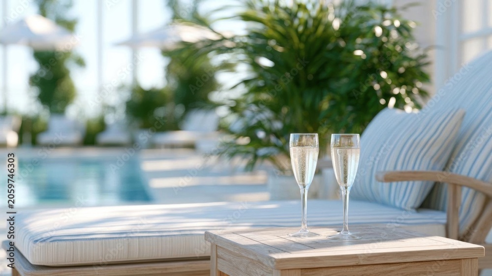 Fototapeta premium Wooden table with two glasses of champagne on it in front of a swimming pool. the table is made of light-colored wood and has a rectangular shape.
