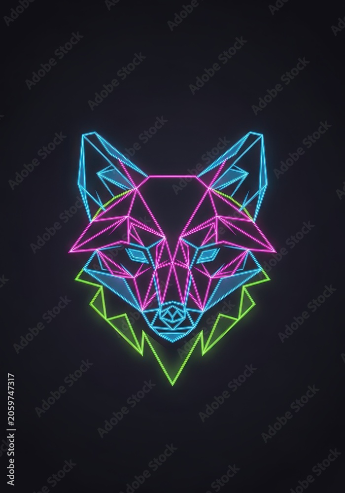 Fototapeta premium Neon Geometric Fox Head Illustration, Low Poly Animal Art with Glowing Pink, Blue, and Green Lines on Dark Background