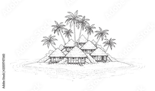 Foto Tropical island with thatched roof bungalows and palm trees