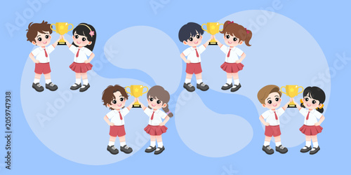 Children in uniform hold trophies in a celebratory environment