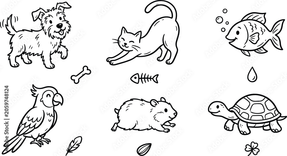 Fototapeta premium Cute Domestic Pet Animal Line Art Vector Set with Dog Cat Fish Parrot Hamster and Turtle for Children Coloring Pages