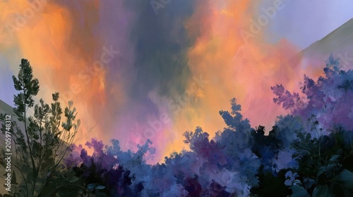 Digital painting of a landscape with a mountain range in the background.