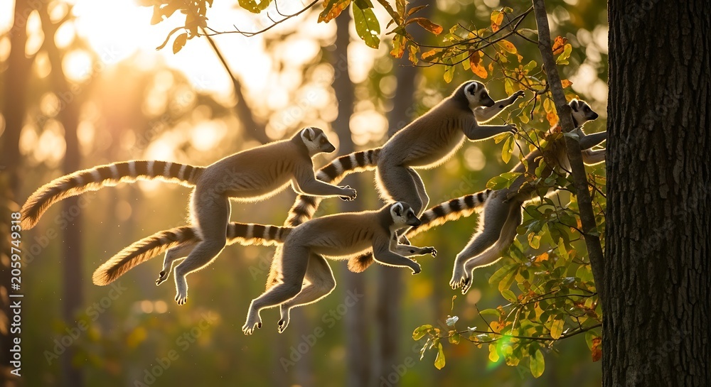 Fototapeta premium Playful Lemurs Leaping Through Tree Branches at Sunset with Madagascar Wildlife Scene.