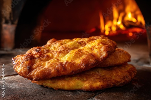 Fresh fried flatbread baking in wood-fired oven