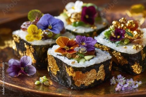 Gourmet sushi rolls with edible flowers and gold leaf