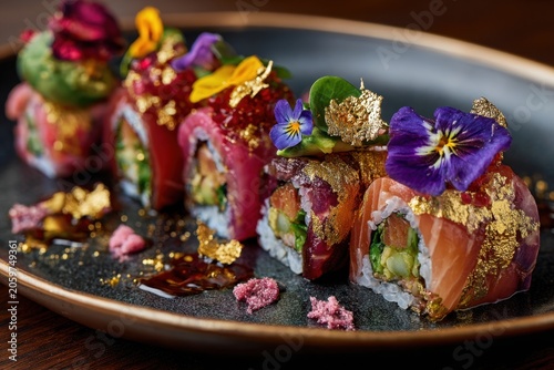 Gourmet sushi rolls with edible gold leaf and flowers