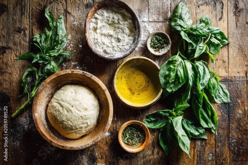 Pizza dough ingredients preparing on rustic wooden table