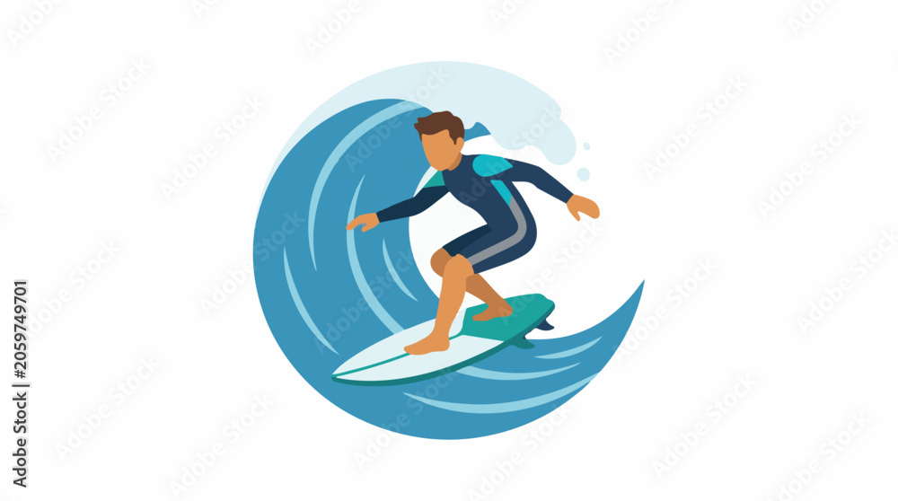 Fototapeta premium A person surfing on a wave, depicted in a flat, illustrative style