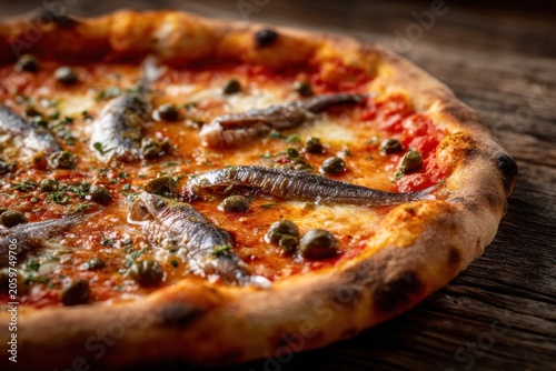 Neapolitan pizza with anchovies and capers on wooden table