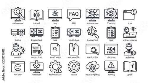 Obraz na płótnie Black and white line icons of computer technical support and errors on transpare