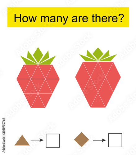 Math activity for kids. How many geometric shapes?  Strawberry.