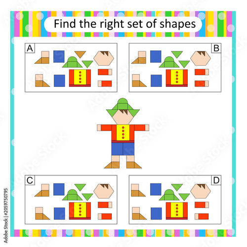 Attention task. Find the correct set of cute boy. Vector illustration. Answer is C.