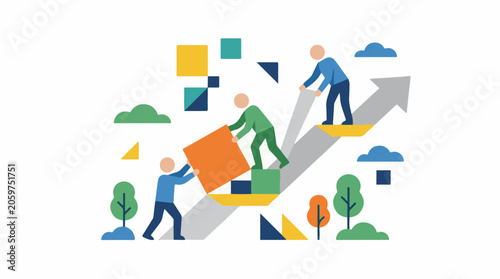 Figures collaborate to build upward progress on a grey arrow amidst abstract shapes and stylized nature