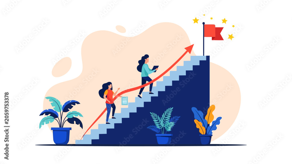 Obraz premium Business Growth Concept featuring women climbing stairs with a rising red arrow towards a flag, ideal for corporate presentations and career development blogs.