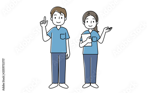 説明するスクラブを着た男女のイラスト
