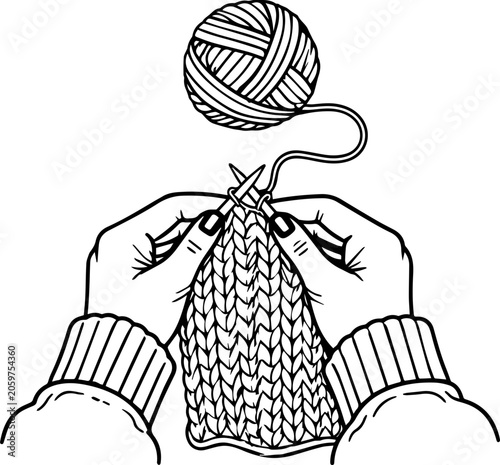 Minimalist outline illustration of hands knitting with needles and a ball of yarn. This black and white line art design captures the cozy atmosphere of knitting and handmade crafts.