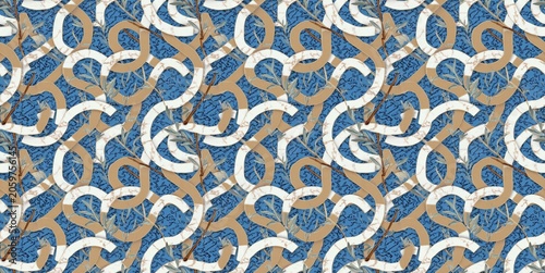 Seamless modern Greek pattern featuring abstract meander shapes and stylized olive branches in a chic blue, white, and gold palette.