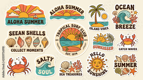 A collection of colorful vintage summer stickers with tropical beach themes
