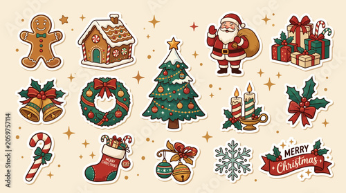 A collection of festive holiday stickers featuring seasonal icons and decorations