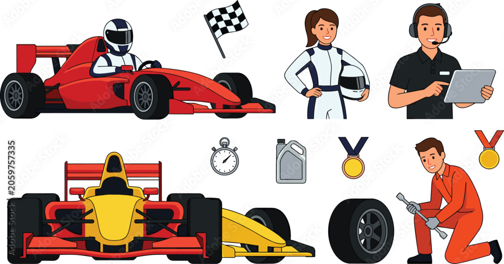 Naklejka premium Formula One Racing Vector Icon Set Featuring Red Race Cars, Pit Crew Mechanic, Drivers, Gold Medals, and Checkered Flag Graphics