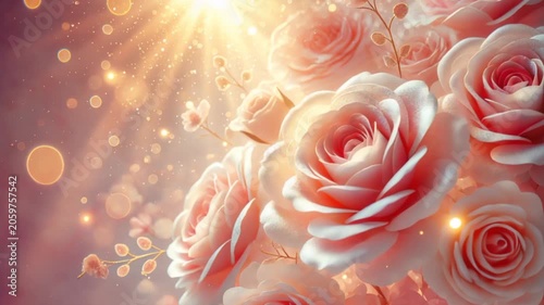 A dreamy and soft focus pale pink roses glowing with a soft pink hue and accented with golden light flares and warm sun rays in atmospheric motion