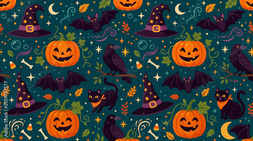 A festive seamless pattern featuring pumpkins and magical elements for autumn holidays