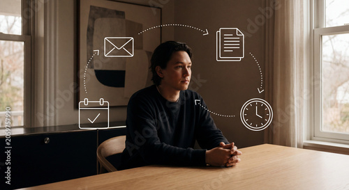 Person sitting at minimal desk with floating digital UI icons around
