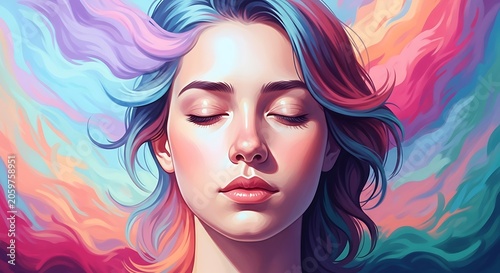 Dreamy Woman with Closed Eyes with Colorful Hair and Artistic Flowing Background.