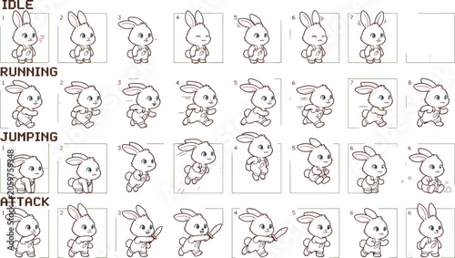 Tableau sur toile Cute cartoon rabbit sprite sheet for 2D game asset design featuring animated seq
